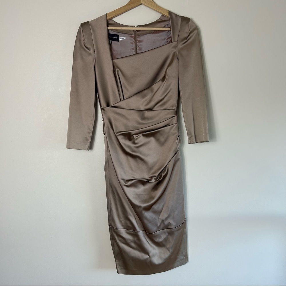 Talbot Runhof Beige Satin Cocktail Dress 3/4 Sleeve Size 4